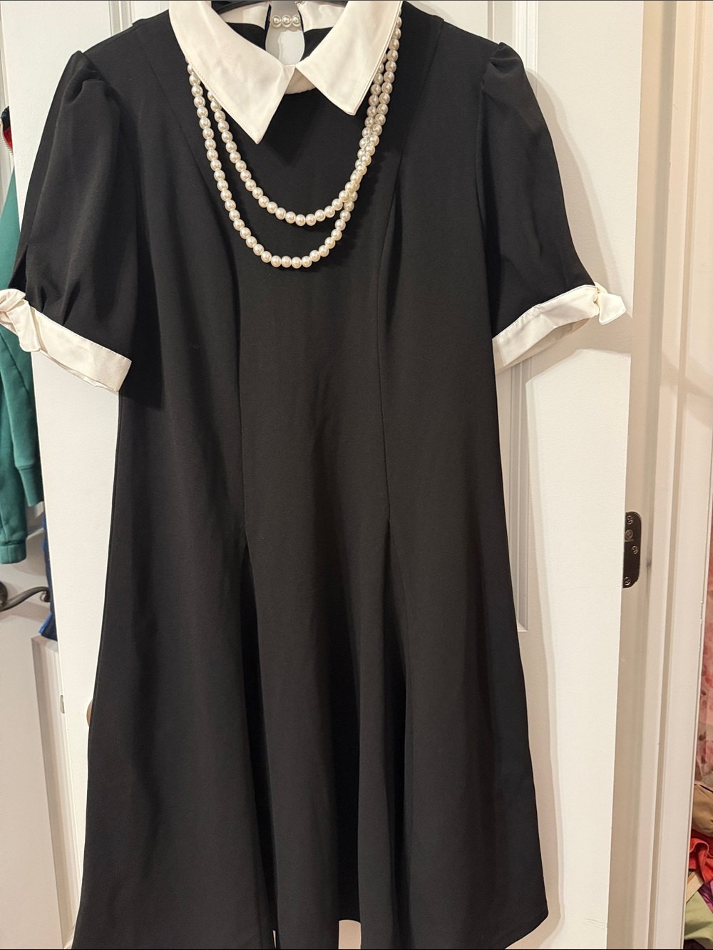 Shelby & Palmer Black Dress with White Collar and Pearl Detail
